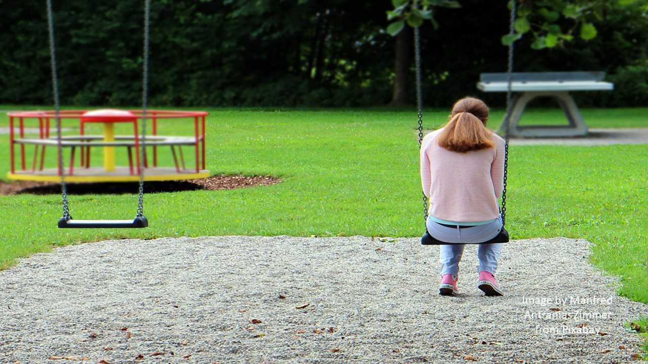 A girl is sitting on a swing in a park.