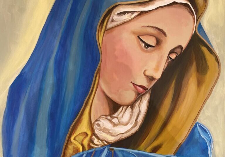 A serene painting of a woman in a blue cloak with a peaceful expression.